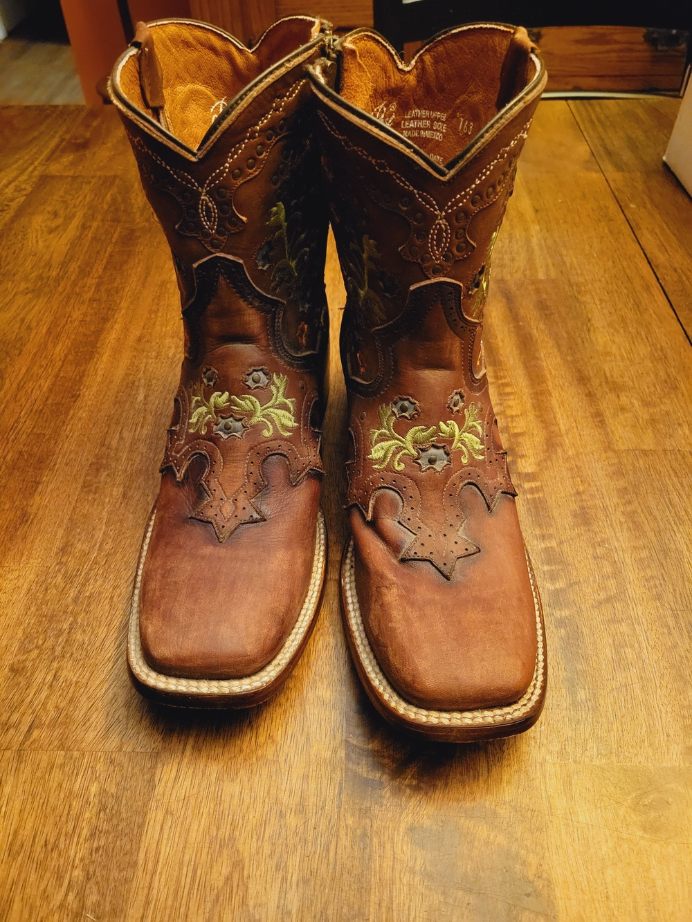 Women's Dan Post Brown Leather Cowboy Boots with Green Embroidered Accents